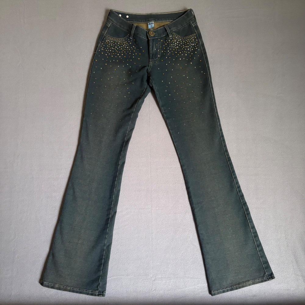 Virgin Only Flare Pants Women Size M Blue Exclnt Studded Rhinestone Y2K Low Rise